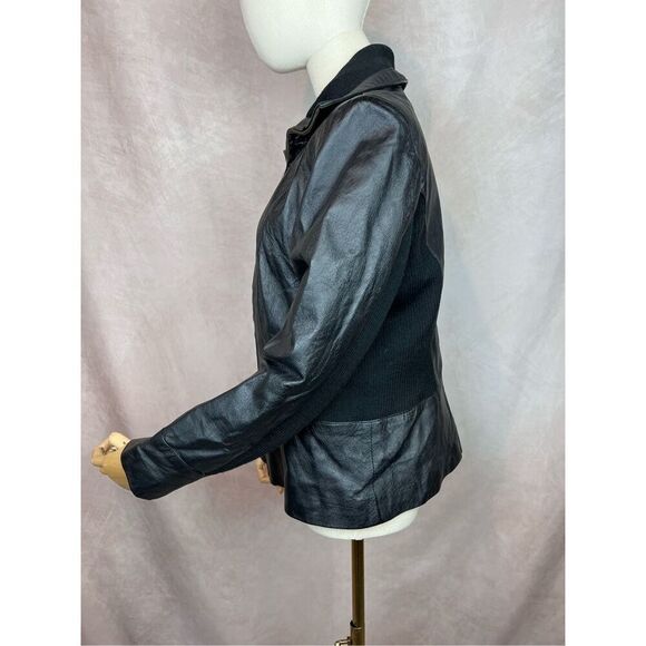90s Y2K Coldwater Creek Black Leather Bomber Jacket Size Medium - Picture 2 of 6